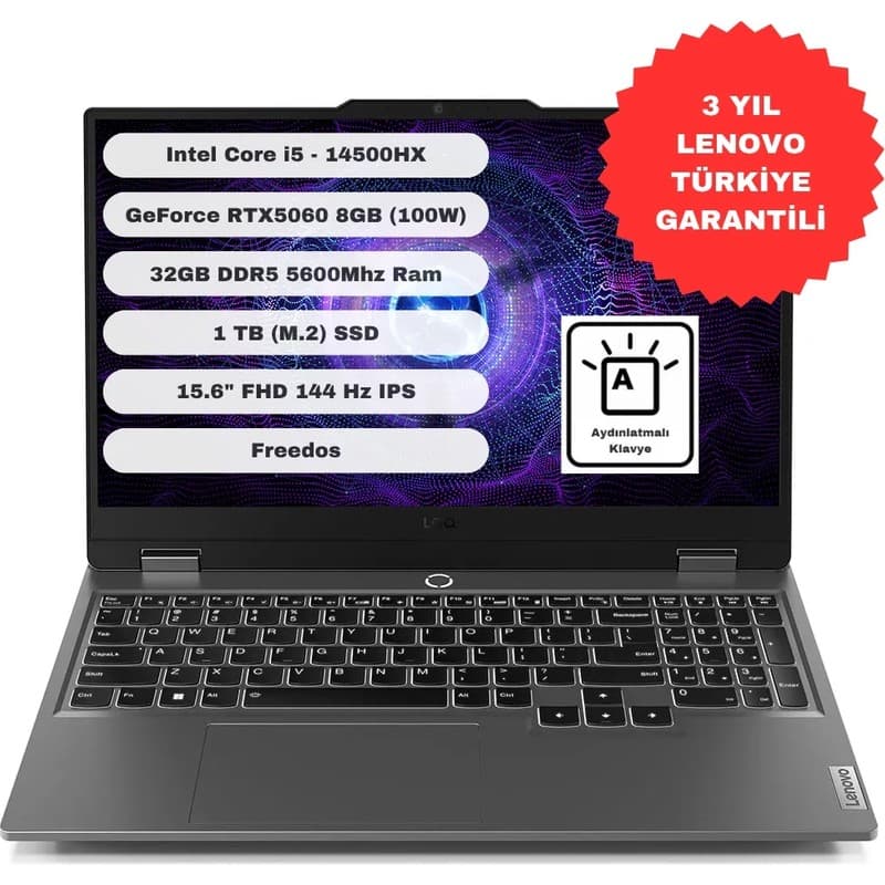 LENOVO LOQ GTI32 Intel Core i5-14500HX 32GB (DDR5-5600) 1TB SSD RTX 5060 8GB GDDR7 (TGP 100W) Freedos 15.6" FHD 83JE012NTR - En Uygun Fiyatlarla Piinti'de